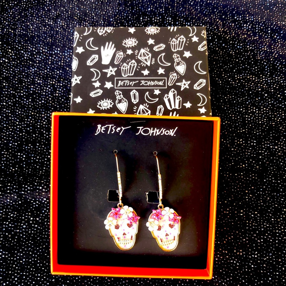 NEW Betsey Johnson Rhinestone Floral Skelton Hoop Earrings/For Halloween